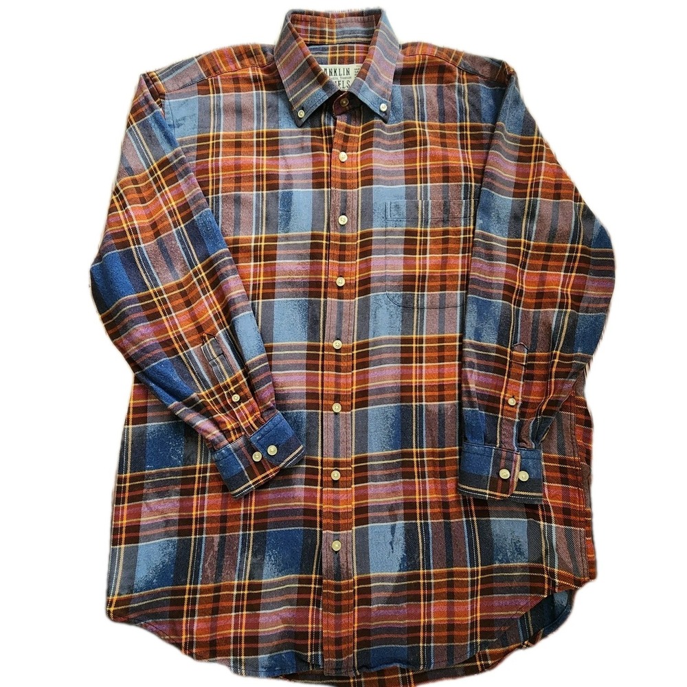 Franklin Flannels XL Shirt Mens Upcycled Vintage Orange Blue‎ Button Down Grunge - Picture 3 of 7